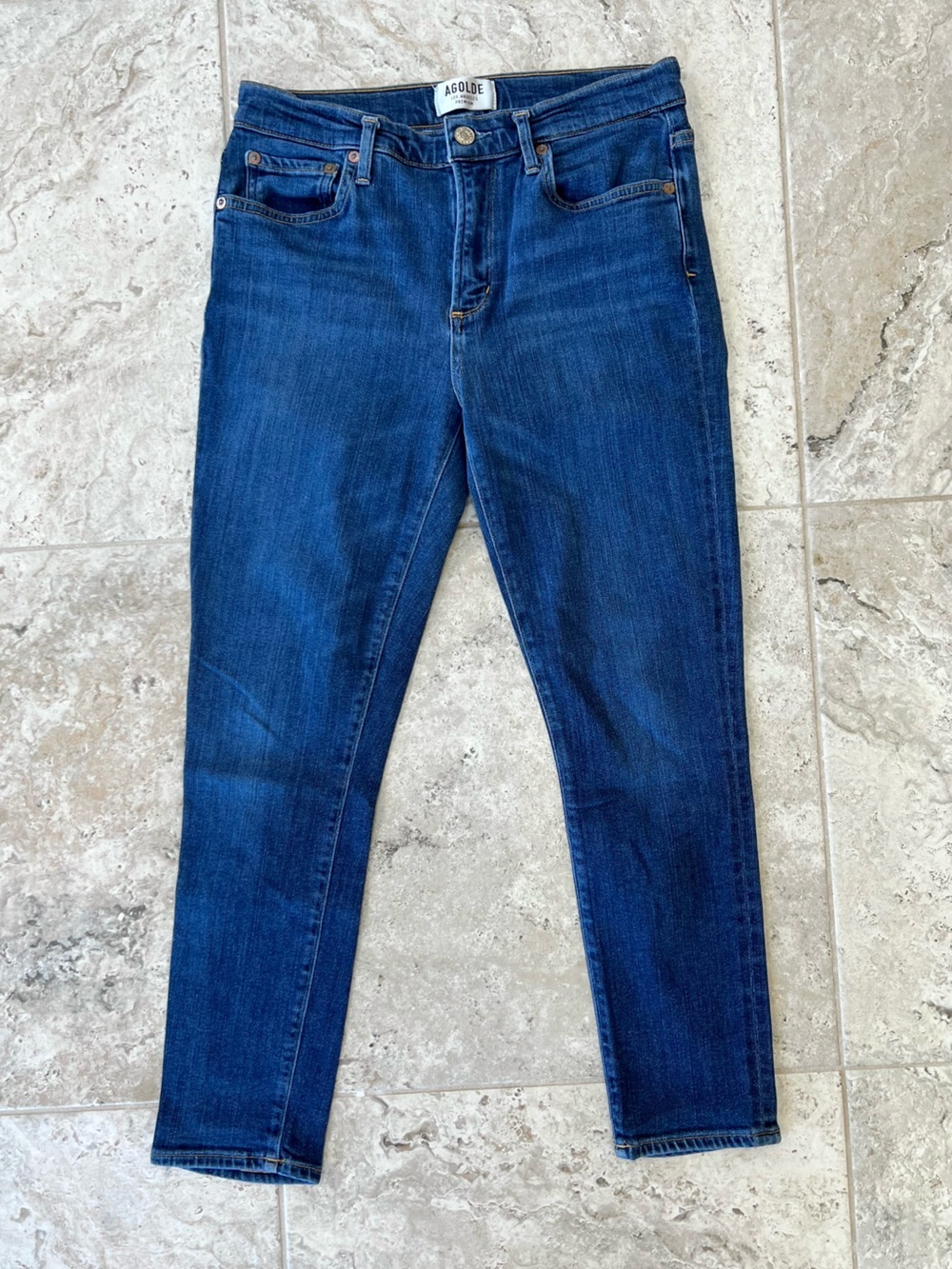 AGOLDE Sophie High Rise Skinny High Waist Crop Jeans in Dark Blue Wash, size 28